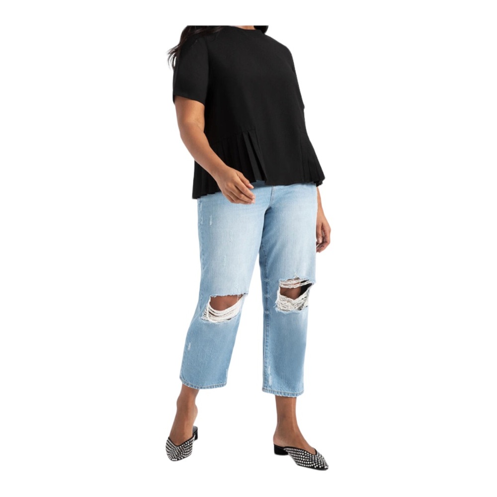 Eloquii Pleated Hem Top Black Short Sleeve Round Neck Relaxed Fit | Size 20